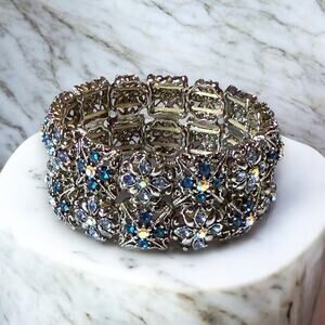 Silver Tone Etruscan Stretch Bracelet Blue & AB Rhinestones Regency Glam